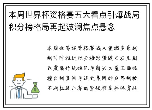 本周世界杯资格赛五大看点引爆战局积分榜格局再起波澜焦点悬念 本周世界杯资格赛五大看点引爆战局积分榜格局再起波澜焦点悬念