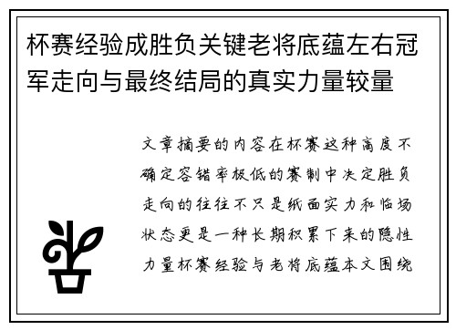 杯赛经验成胜负关键老将底蕴左右冠军走向与最终结局的真实力量较量