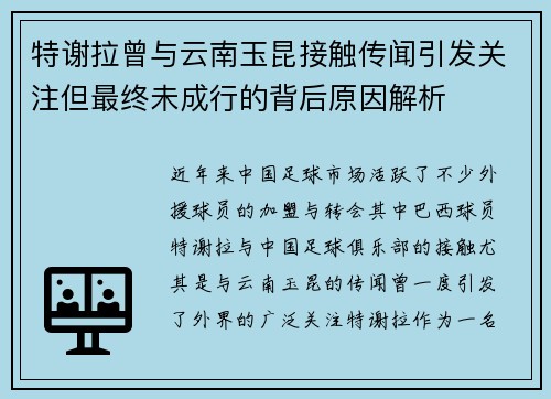 特谢拉曾与云南玉昆接触传闻引发关注但最终未成行的背后原因解析